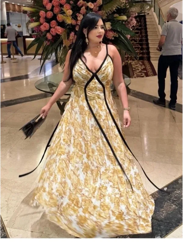 Zara Yellow Floral Maxi Dress with Black Piping - Image 2