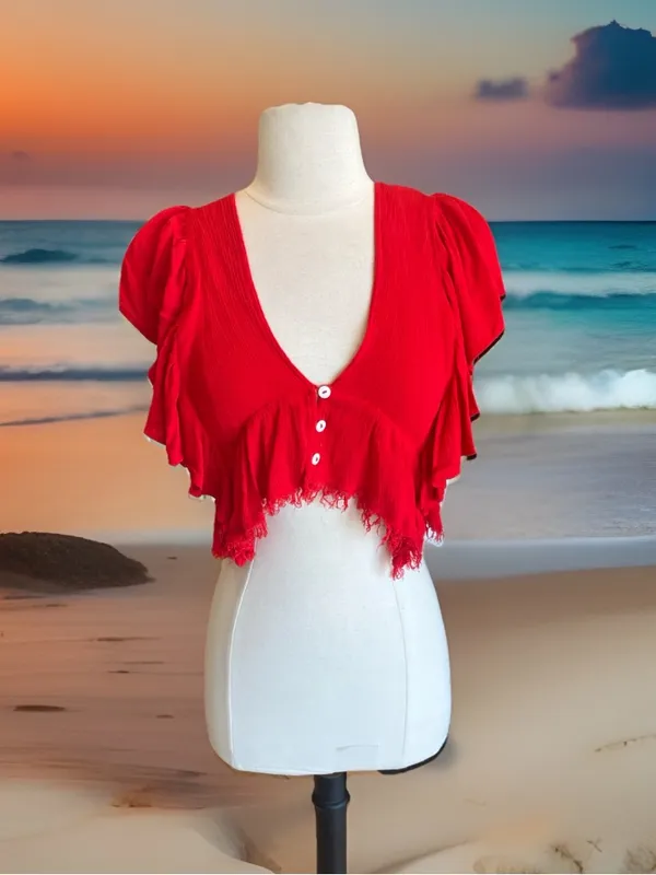Skylar * Madison Red Ruffled V-Neck Crop Top - Image 6