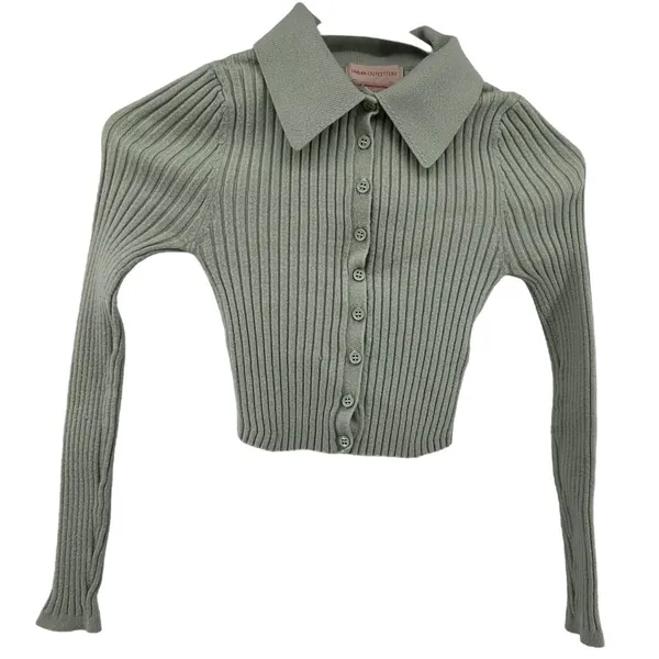 Urban Outfitters Skylar Ribbed Button-front Cropped Sweater Top Collar Green XS - Image 2