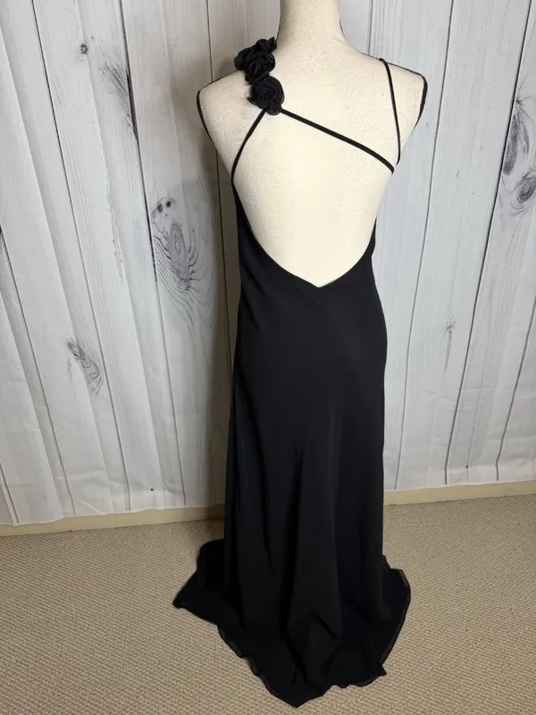 Faviana Couture Size 8 Long Maxi Dress Rosette Pleated Prom Formal Black Vintage - Image 8