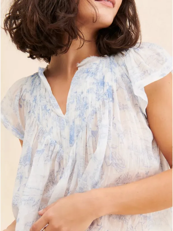 Free People FP One Printed Padma Top White Blue Toile Pattern Crop Blouse Top S - Image 2