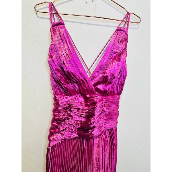 NWT AIIFOS Magenta Pink Surplice V-Neck Sleeveless Pleated Metallic Maxi Dress 2 - Image 4