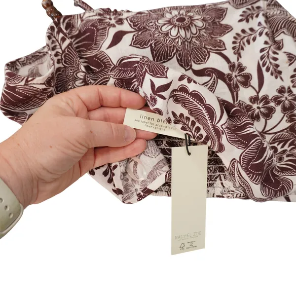 Rachel Zoe Size Medium Brown Floral Linen Blend Beaded Strap Smocked Crop Top - Image 3