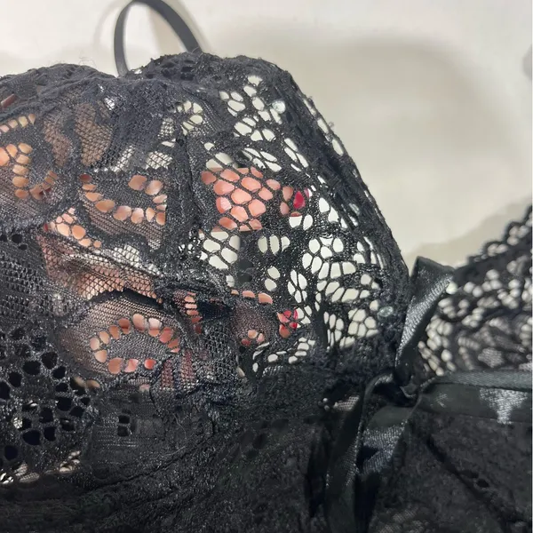 Black Lace & Mesh Net Chemise Nightgown with Ribbon & Rhinestone Sz S‎ NEW - Image 6