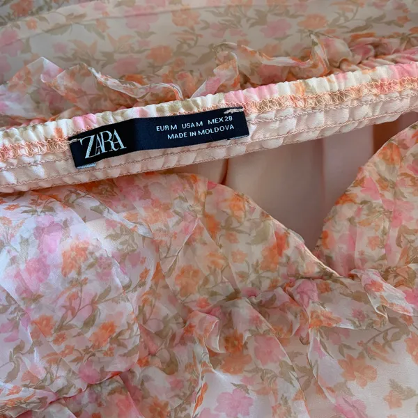 ZARA Organza Pink Peach Floral Maxi Dress Tiered Sundress Summer Vacation Medium - Image 11
