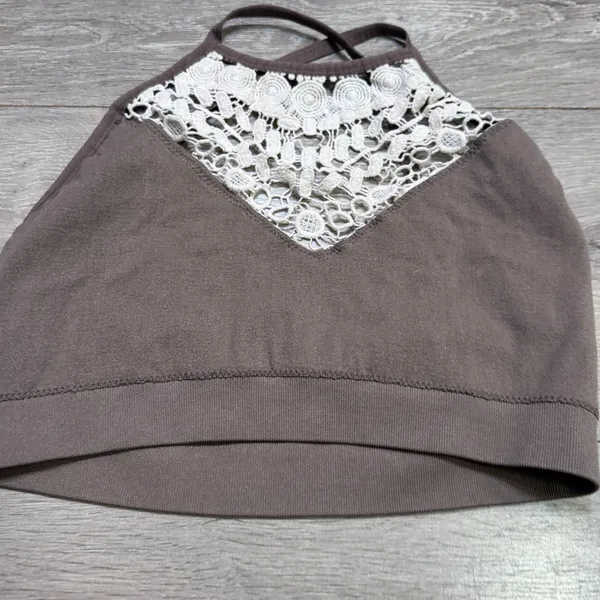 Womens Ribbed Lace Trim Bralette Brown High Neck Seamless Cami Top‎ XL XLarge - Image 4