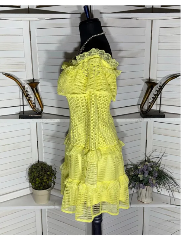 Simplee Apparel Retro rare neon mini dress mesh lace off shoulder cosplay pollypocket dollcore S - Image 4