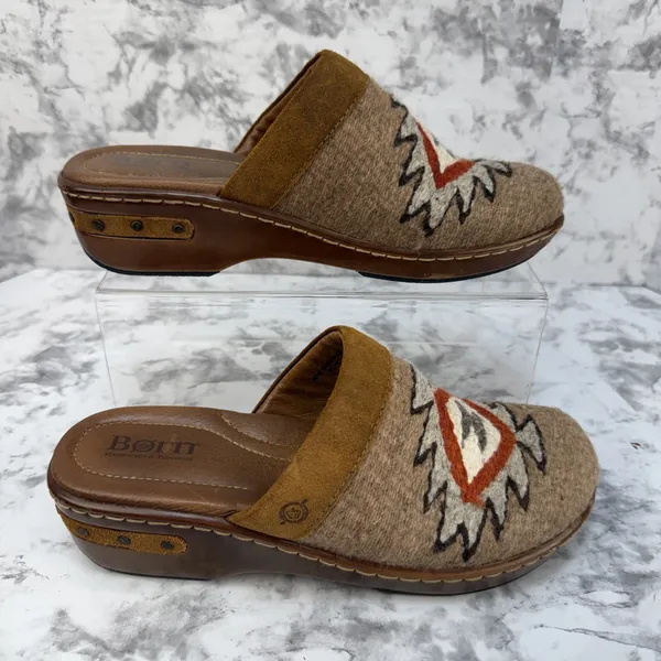 Born Bandy Clogs Size 38 7.5 Brown Southwest Woven Blanket Suede Leather Mule - Image 3