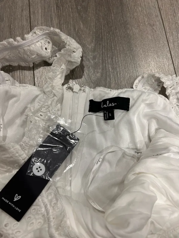 New Lulus Nerissa White Eyelet Embroidered Ruffled Drop Waist Midi Dress Size XS - Image 8