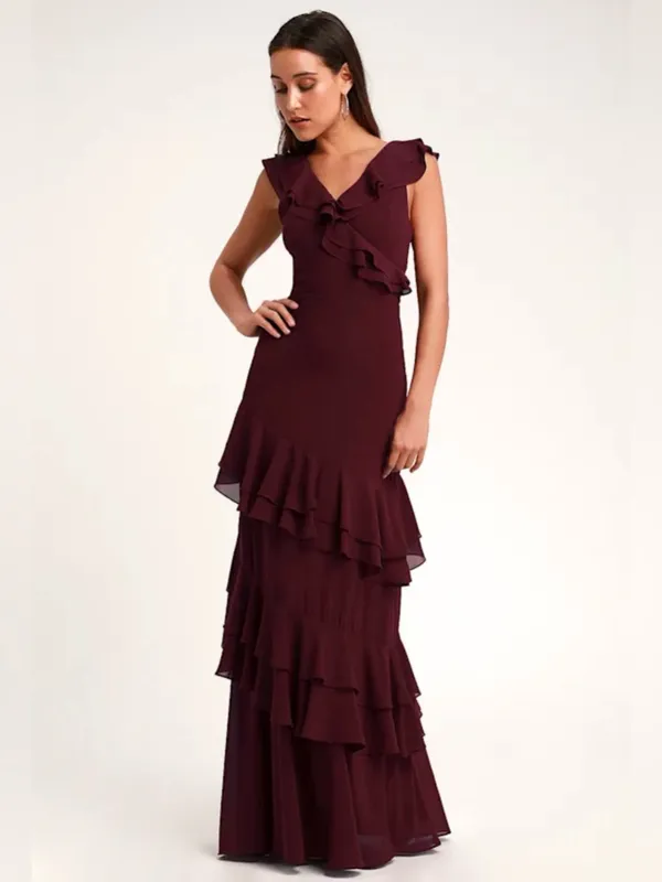 Lulus NWT XS Women Burgundy Ruffled Maxi Dress Flamenco Flare Evening Formal - Image 2