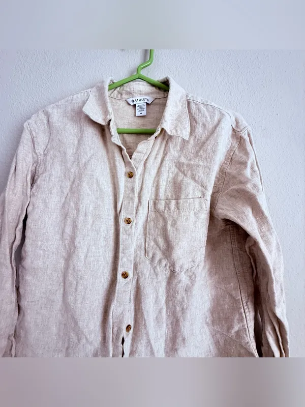 Athleta Linen Shirt Womens M Oatmeal Long Sleeve Button Down Casual Pocket Top - Image 3