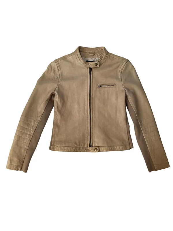 J.Crew Collection Genuine Leather Moto Jacket Beige Taupe Size 4 - Image 3