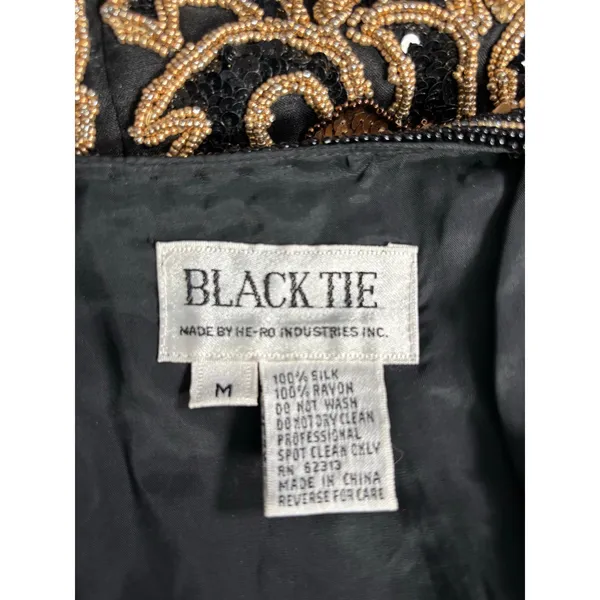 Vintage 90s‎ Black Tie Silk Beaded Metallic Sequin Open Front Vest Gold Bronze - Image 10