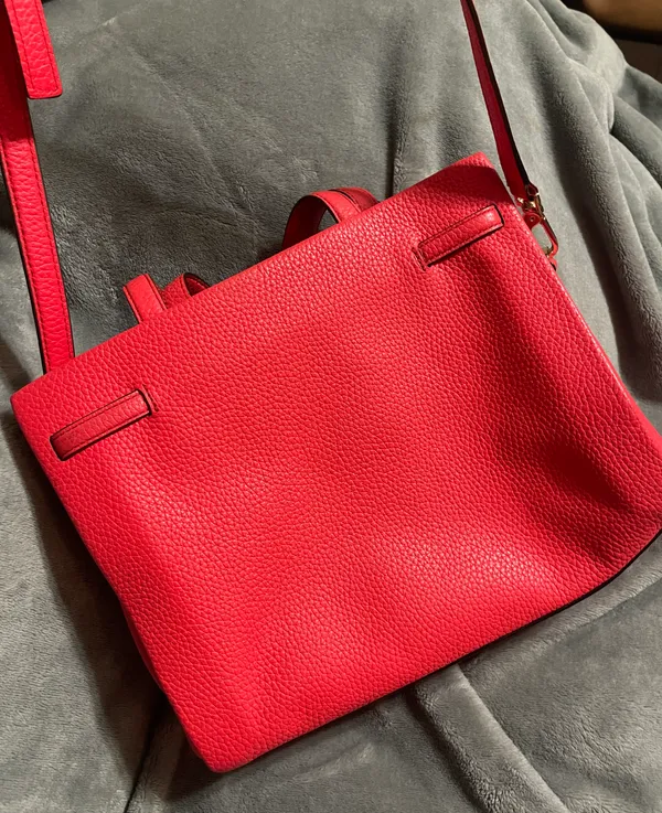 Kate Spade New York Red Pebbled Satchel Bag with Buckle, Gold Hardware - Image 5