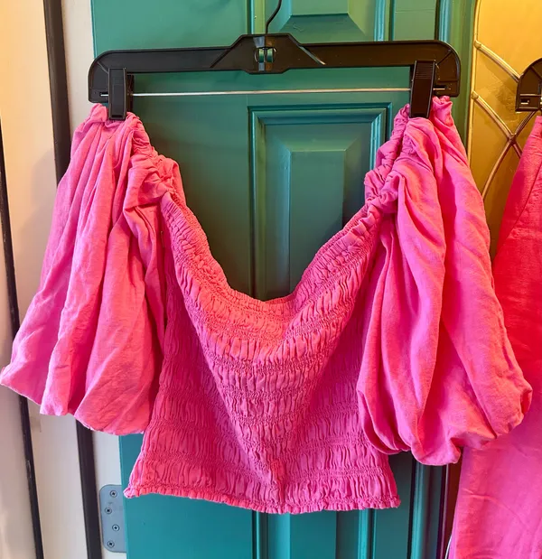 Young Fabulous & Broke Pink Linen Smocked Puff Sleeve Top Wide Leg Slit Pant Set Extra Small - Image 8