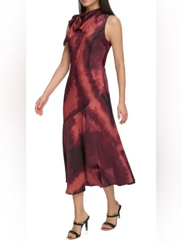 DKNY Sleeveless Tie-Neck Midi Dress in Burgundy and Coral Wash - Image 3