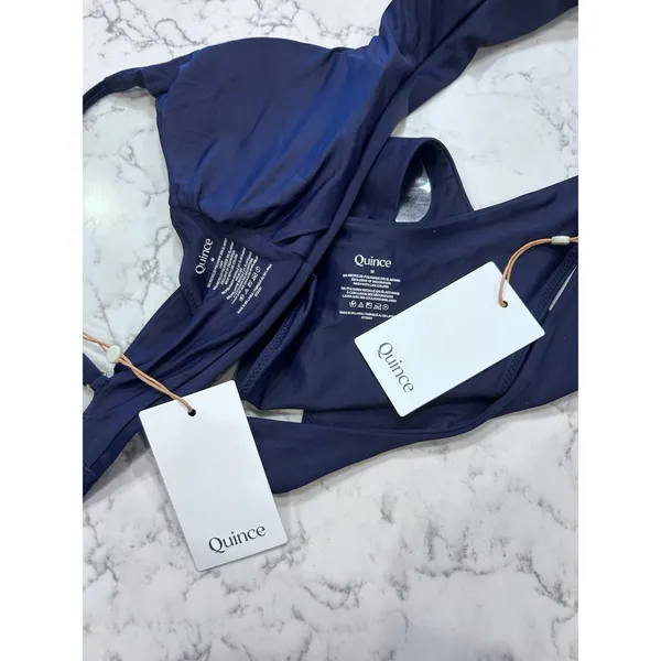 NWT Quince Deep Navy Italian V Neck Bikini Top & Dipped High Leg Bottom Medium - Image 3