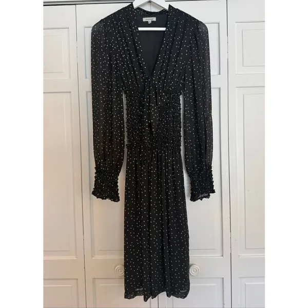 Max studio black polka dot smocked waist long sleeve dress size small - Image 3