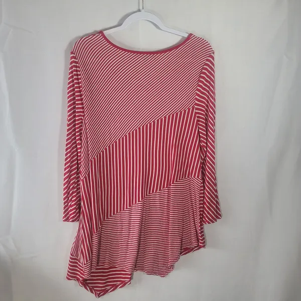 BLEU Stripe Asymmetric Hem Tunic Top XL Red White Multi Directional Long Sleeve - Image 2