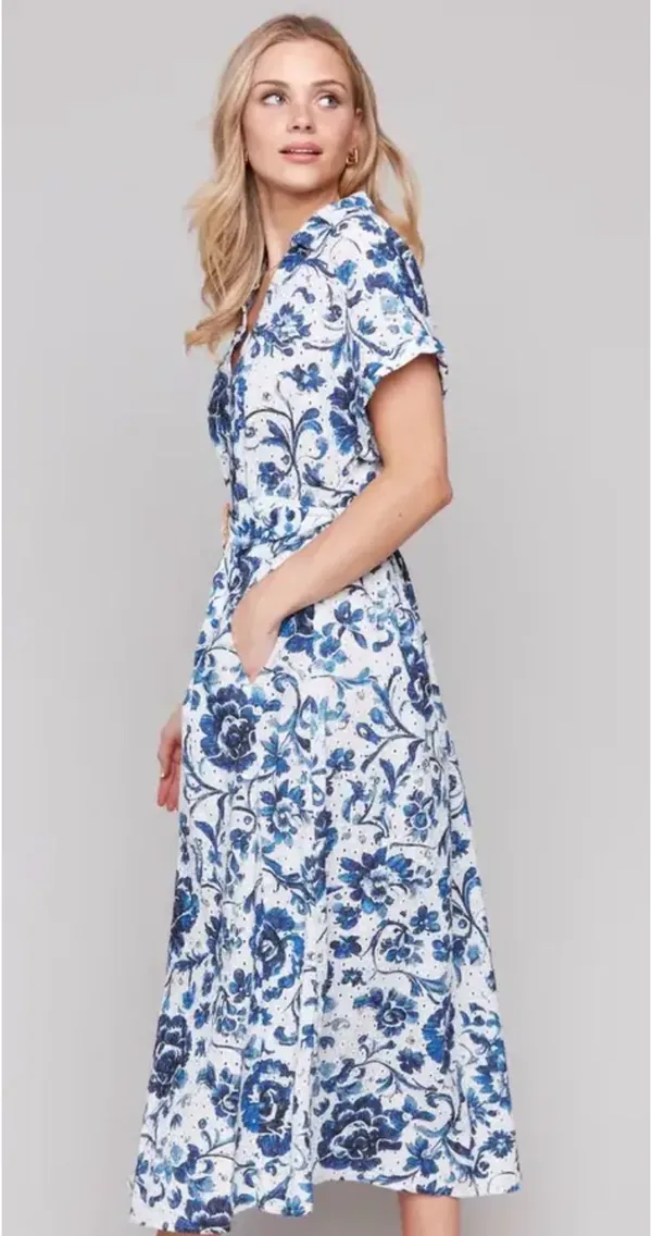 Zara White and Navy Blue Floral Eyelet Dress - Image 2