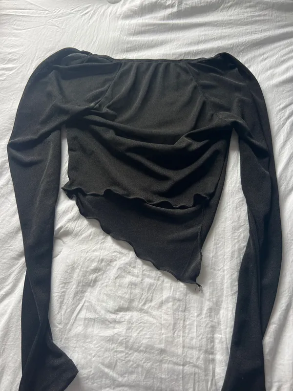 Black Mesh Long Sleeve Asymmetrical Top Size XS - Image 2