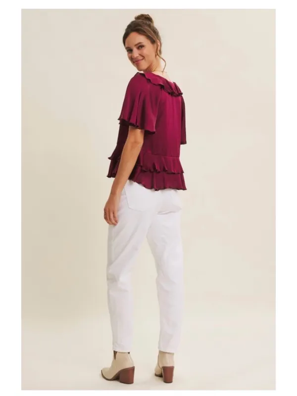 in february Burgundy Crinkled Ruffle V-Neck Flutter Sleeve Tiered Peplum Blouse - Image 3
