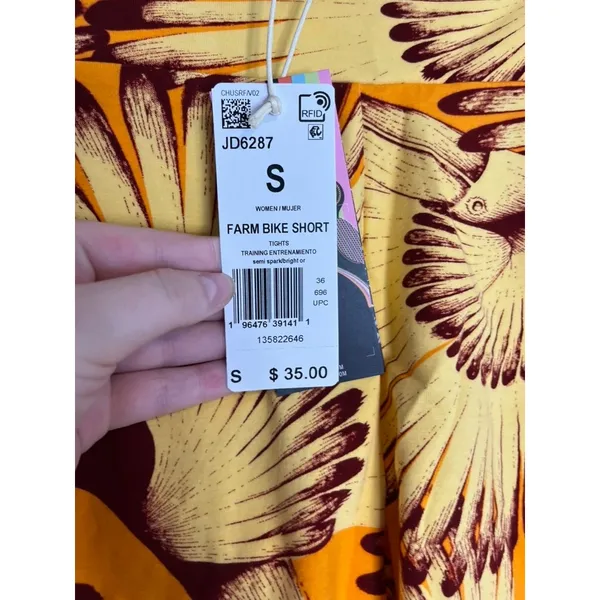 adidas x FARM Rio yellow Toucan bird Print Bike Shorts Orange High Waist S - Image 5