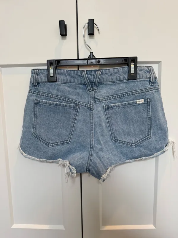 Volcom Light Blue Frayed Hem Denim Shorts low rise - Image 2