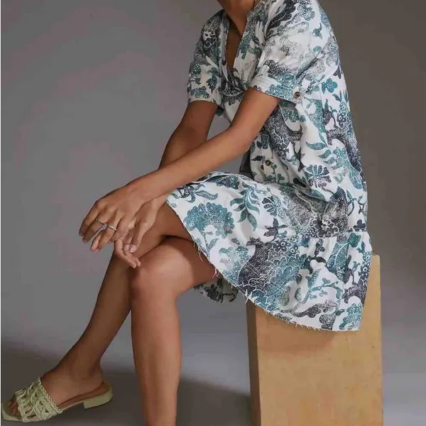Anthropologie Pilcro Linen Blend Puff Sleeve Tunic Dress Womens Small White/Blue - Image 2