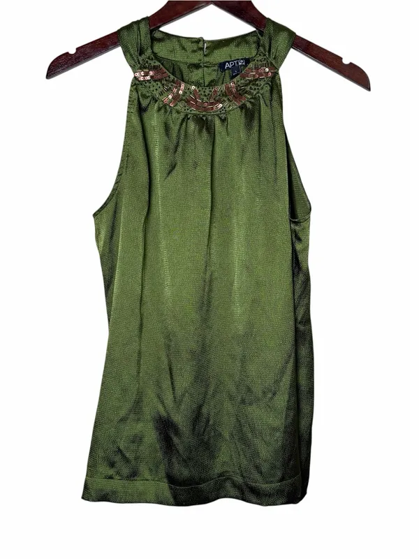 Y2K Apt. 9 Olive Green Satin Sleeveless Top Halter Beaded Sz Large Whimsygoth - Image 4
