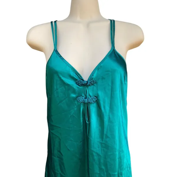 Vtg California Dynasty Emerald Green Satin Maxi Slip Dress Size S Chinese Knot - Image 6