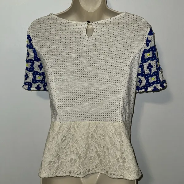 Anthropologie Deletta Beaded Lace Peplum Top Short Sleeve Shirt Blouse Women’s S - Image 2