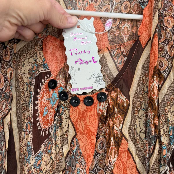 Pretty Angel‎ Sheer Large Orange Brown Paisley Boho Sharkbite Hem Tunic Top NWT - Image 6