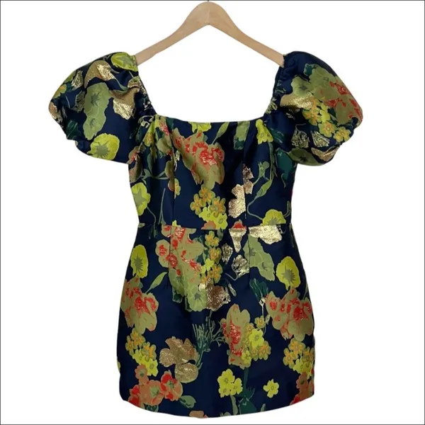 Lulus So Stunning Navy Blue Floral Jacquard Puff Sleeve Mini Dress Size Small - Image 2