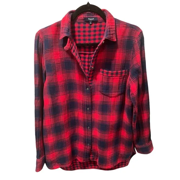 Madewell Red Plaid Ex-Boyfriend Flannel 90s Grunge Small - Image 4