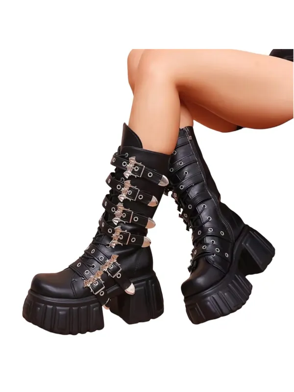 Gothic Punk Black Platform Goth Boots with Bat Buckles Size 9 - Image 11