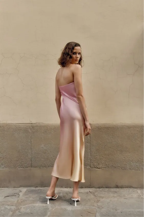 Zara midi dress maxi tie dye pink beige satin strapless wedding shower date - Image 4