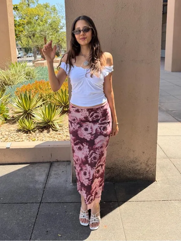 Target Bailey Rose purple/ pink floral bodycon maxi skirt with lace trim sz S #boho - Image 2
