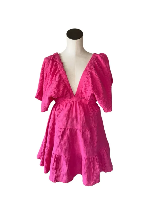 NWT Tiered Mini Dress Cotton Gauge Drop Sleeve Deep V Neck Smocked Mini Dress - Image 2