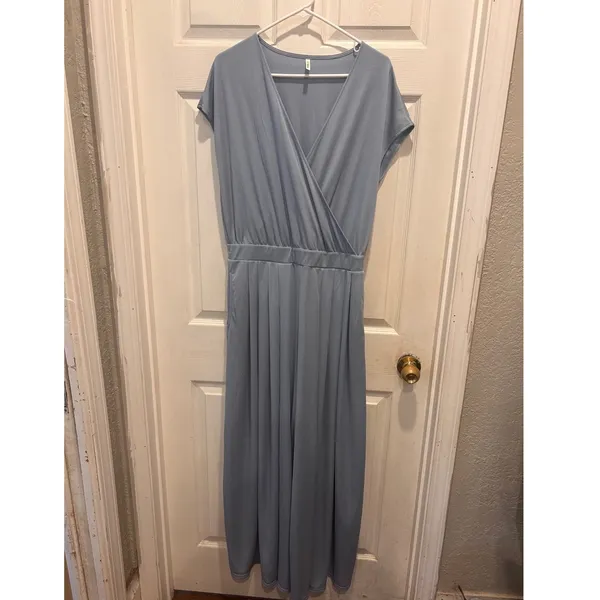 Halara‎ L V Neck SS Side Pocket Wide Leg Flowy Waffle Casual Jumpsuit Quiet Blue - Image 4