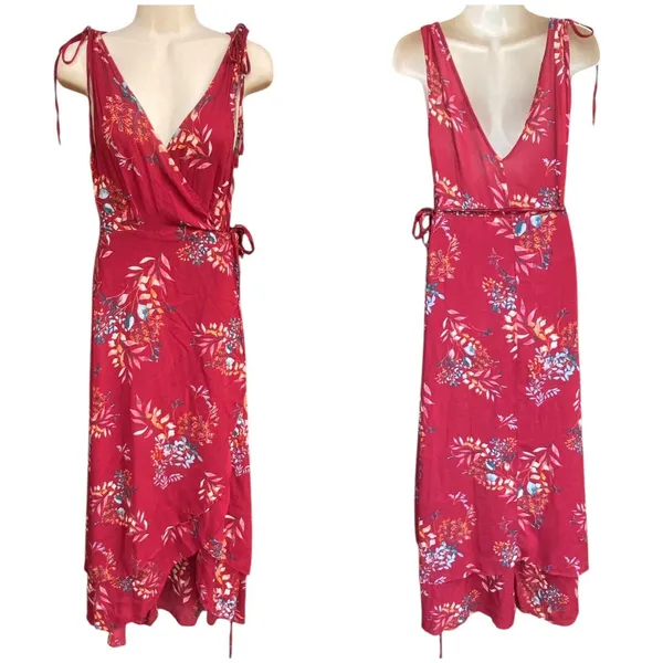 Lulus Amal Floral Wrap Maxi Dress M Burgundy V-Neck Hi-Low Summer Party Wedding - Image 4