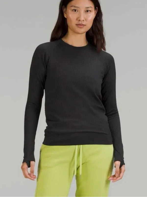 lululemon athletica Rest Less Pullover Shirt Sz 4 Black Rib Full Length - Image 3