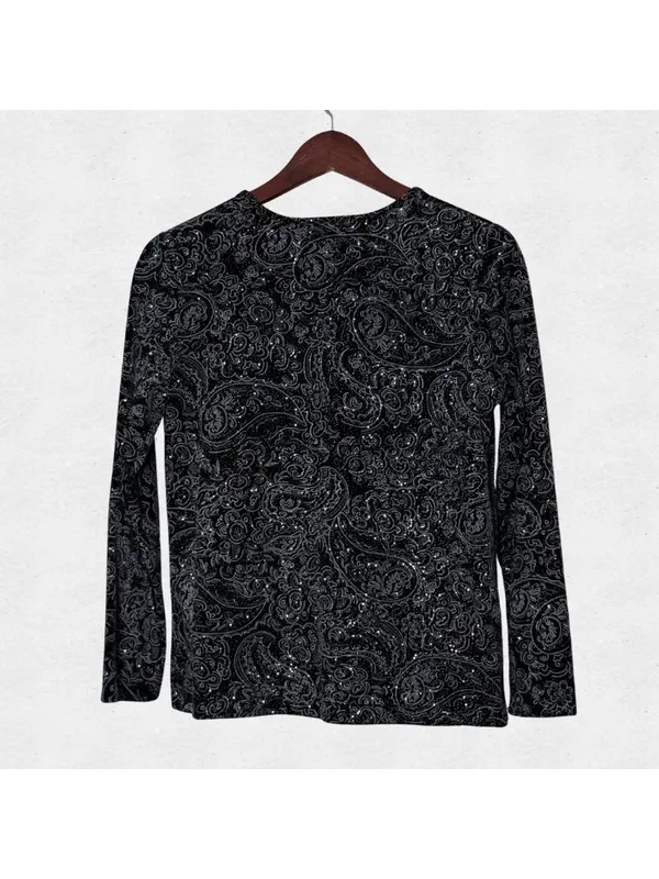 Notations Vintage Black Velvet Glitter Paisley Long Sleeve Top Petite Medium Whimsigoth - Image 2