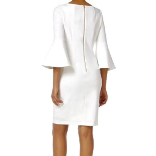 Calvin Klein White Bell Sleeve Gold Zipper Evening Sheath Dress 8‎ Cocktail - Image 2