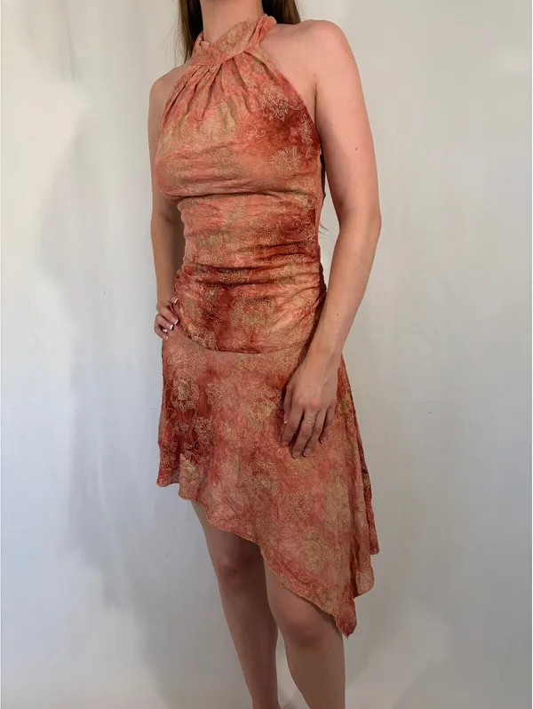 High Neck Y2k Asymmetrical Skirt Orange and Red Sparkly Party Dress - Image 5
