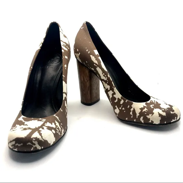 Tory Burch Brown & Cream Fabric "Bria" Stacked Heel Pumps (5m) - Image 5
