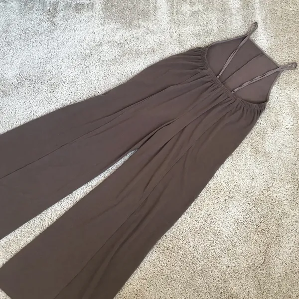 1970’s Inspired Boho Wide Flare Leg Overalls Jumpsuit Romper Brown Size Small - Image 7