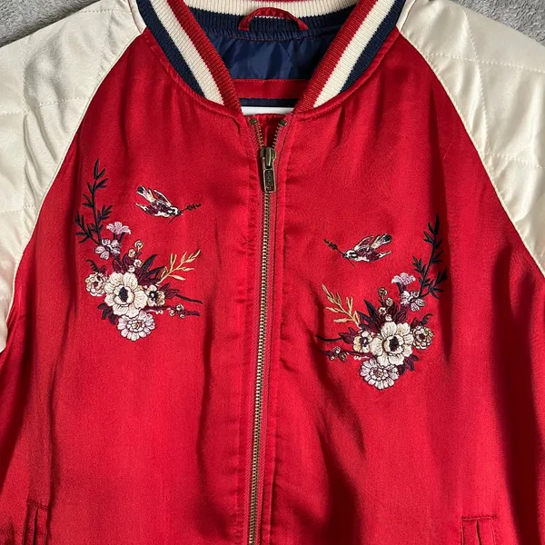 Vintage American Eagle Red Embroidered Bomber Jacket Floral Quilted Streetwear M - Image 3