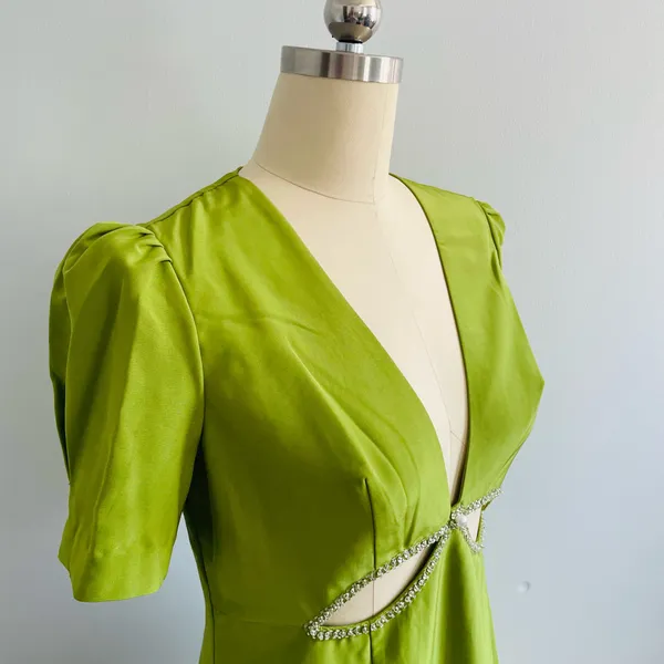 Mac Duggal Plunge Neck Puff Sleeve Cut Out Gown- Green Apple- Size 10- NWT - Image 6