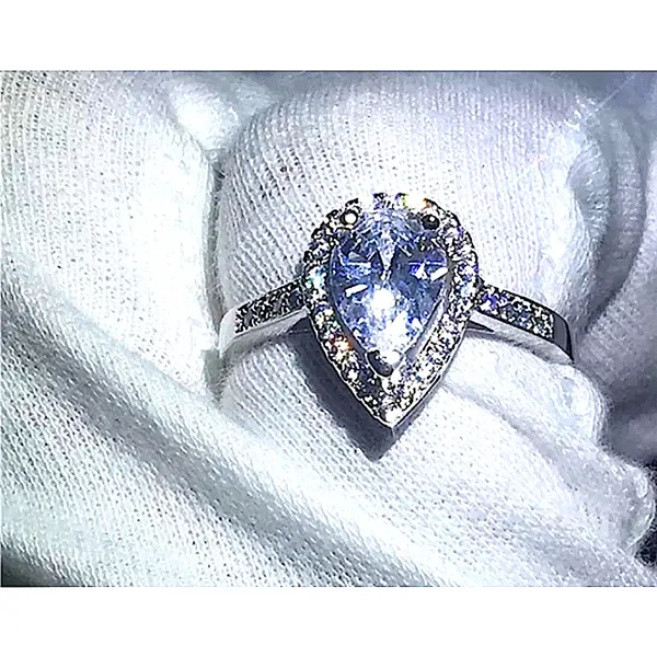 3ct Pear Halo‎ Ring | Rhodium Plated 925 Sterling Silver - Image 2